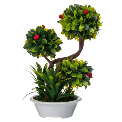 Bonsai artificial angulat, flori rosii, ghiveci alb ceramica, 25 cm