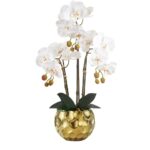 Orhidee artificiala Virovetix alba din silicon in ghiveci ceramic auriu, aspect 100% natural, 56 cm