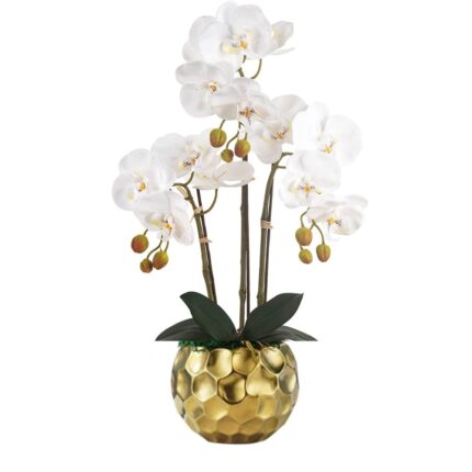 Orhidee artificiala Virovetix alba din silicon in ghiveci ceramic auriu, aspect 100% natural, 56 cm
