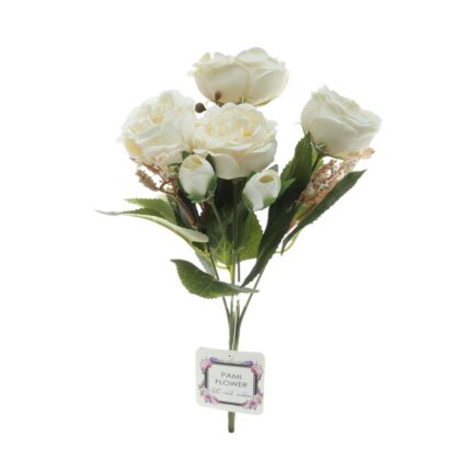 Buchet 5 Fire trandafi, camelia, si flori de mar toamna artificiale PAMI, F1021-19, Alb, 30cm