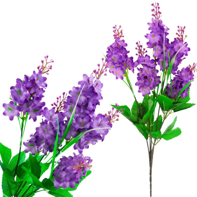 Buchet flori de liliac artificial, 5 ramuri, verde/mov, 40cm