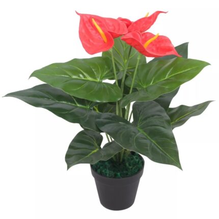 Planta artificiala Anthurium in ghiveci, vidaXL, Plastic, 45 cm, Verde cu rosu