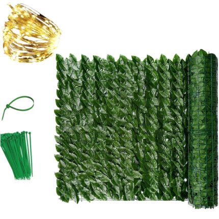 Set Gard Paravan Viu cu Frunze Artificiale, Verde Inchis, 300cm x 100 cm, 25 Soricei Verzi si Instalatie Liniara cu 8 Jocuri de Lumini, Fir Cupru, 40 metri, 400 LED -uri, Alb Cald