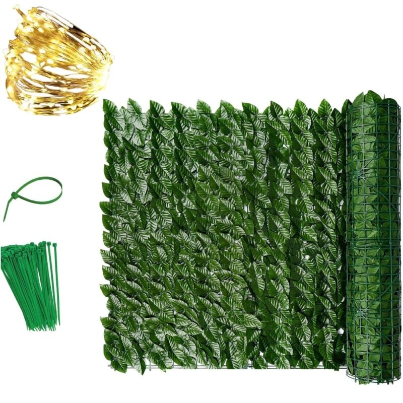 Set Gard Paravan Viu cu Frunze Artificiale, Verde Inchis, 300cm x 100 cm, 25 Soricei Verzi si Instalatie Liniara cu 8 Jocuri de Lumini, Fir Cupru, 40 metri, 400 LED -uri, Alb Cald
