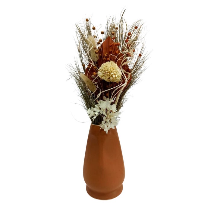 Aranjament flori si plante naturale uscate, Orange Glow, vaza ceramica, mix culori, 40 cm