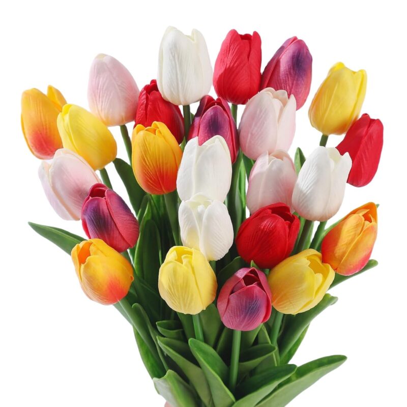 Buchet 20 lalele, SINBINTA, Usor de asortat, Nu se decoloreaza, Reutilizabile, Flori artificiale cu aspect natural, Nu se deterioreaza usor, Soft touch, Decoratiuni pentru casa, PU, 33x4 cm, Multicolor