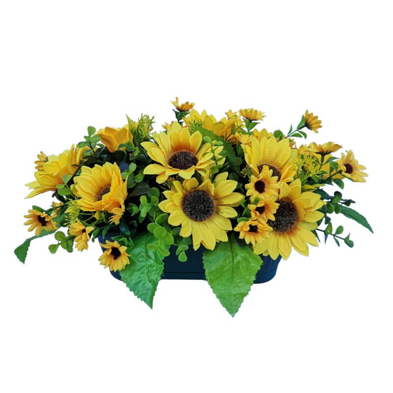 Jardiniera ingusta cu flori artificiale de floarea soarelui, Dady, 37x22x20 cm