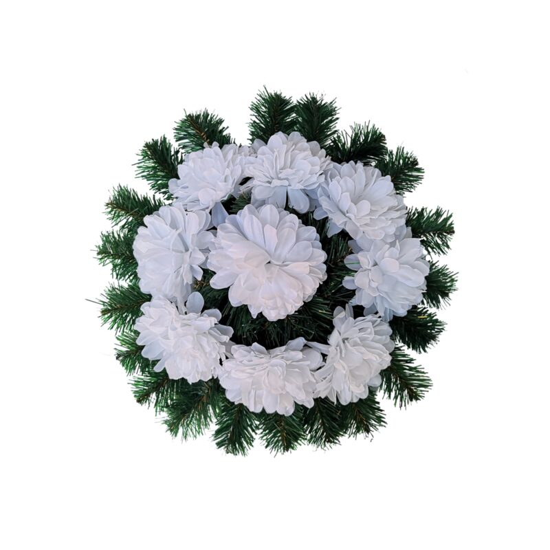 Coroana funerara din brad artificial, diametru 43 cm, DADY, decorata cu flori artificiale albe