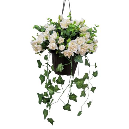 Ghiveci suspendat cu flori artificiale, Dady, trandafiri crem si verdeata decorativa artificiala, diametru 30 cm