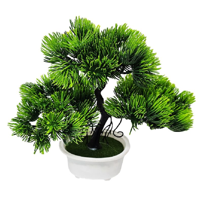 Bonsai decorativ artificial, colorat, in ghiveci miniatural, Pin Desire, Verde, Inaltime 25 cm, Velve