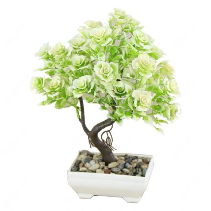 Copac artificial cu Flori in ghiveci, Plastic, Verde, 24 cm
