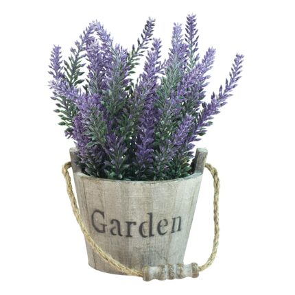 Ghiveci lemn cu buchet de flori lavanda artificiala 25 cm