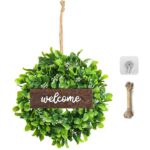 Ghirlanda artificiala frunze verzi, SOOYE®, cu semn de bun venit, 35cm, Exterior, Verde