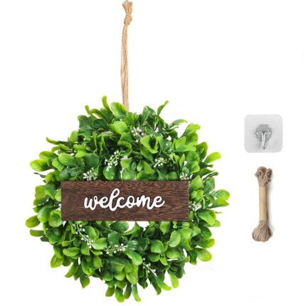 Ghirlanda artificiala frunze verzi, SOOYE®, cu semn de bun venit, 35cm, Exterior, Verde