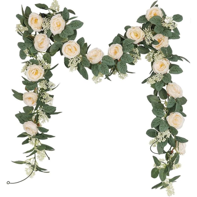 Ghirlanda artificiala, Model trandafiri, Polipropilena, Flori matase, 2m, Verde/Sampanie