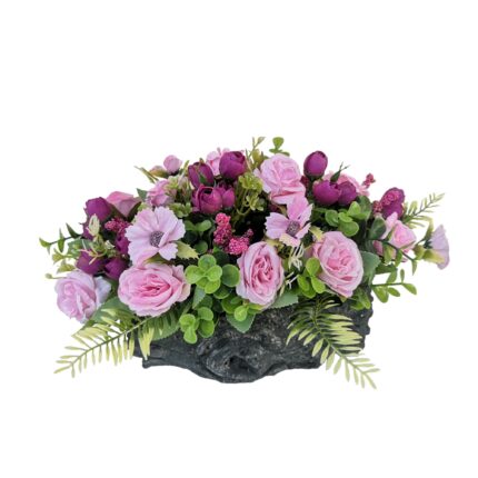 Aranjament floral cu trandafiri roz, Dady, 30x18x18 cm, in ghiveci din piatra sub forma de buturuga