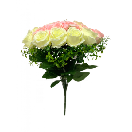 Flori decor artificiale, buchet Trandafiri, Alb Roz, 40 cm