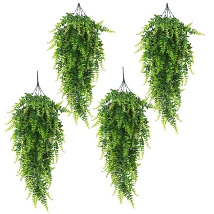 Set de 4 ferigi artificiale, Special MR™, Ramuri agatate, Aspect natural, Rezistent la intemperii, Frunze detasabile, Decor interior/Exterior, Plastic, 90cm, Verde