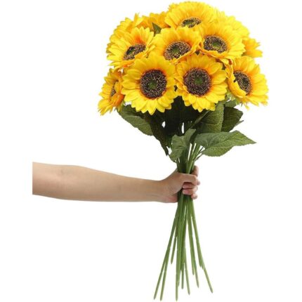 Set 6 flori artificiale Cozevdnt, Floarea-soarelui pe tija lunga, Matase, Detasabile, Galben, 15x55cm