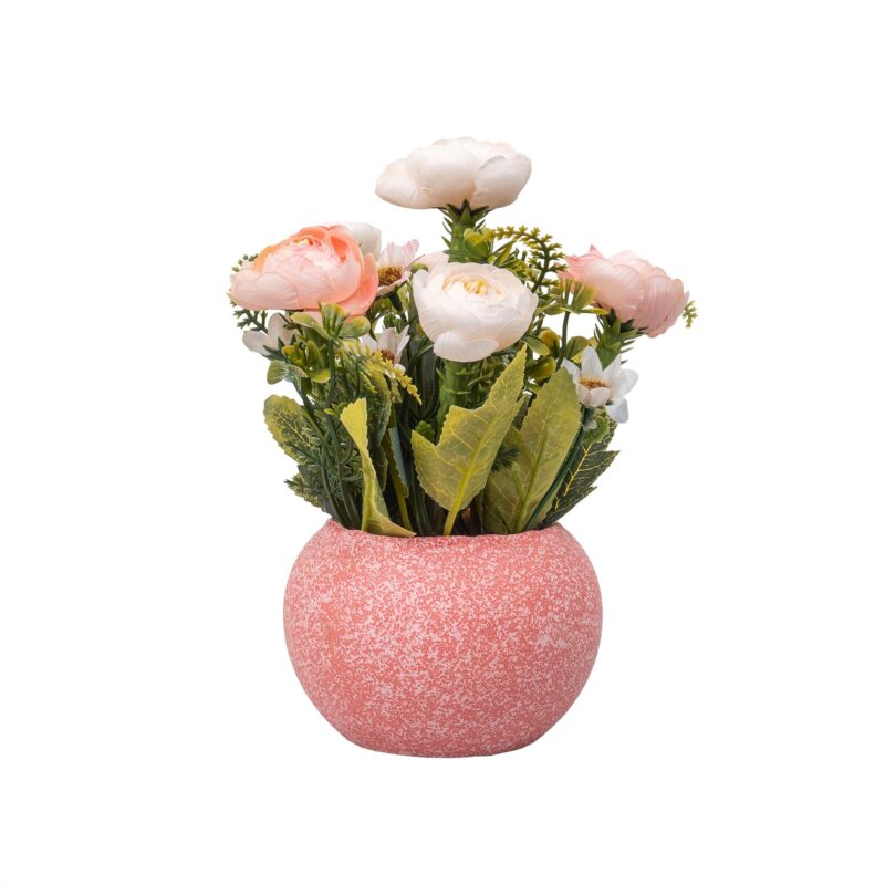 Aranjament floral, in ghiveci din ceramica, H 20, model trandafiri, culoare ghiveci roz / ZTS 8057_1
