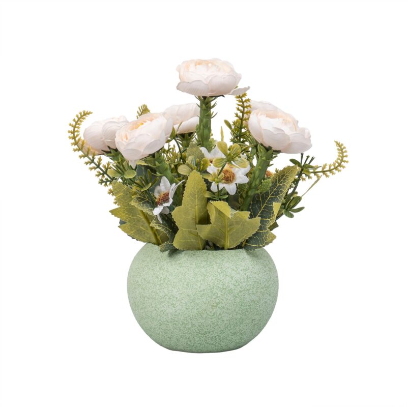 Aranjament floral, in ghiveci din ceramica, H 20, model trandafiri, culoare ghiveci verde / ZTS 8057_3