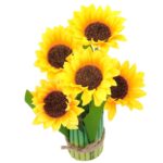 Buchet decorativ, PartyCollection, Floarea-soarelui, 27 cm, Verde/Galben