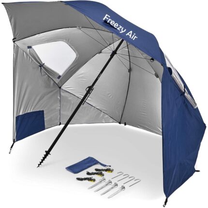 Umbrela de Plaja Freezy Air® SunShield, Protectie UV UPF 50+, Diametru 2.4m, Insurubare Nisip, Stalp Aluminiu, Material 420g Oxford Aluminizat, Albastru