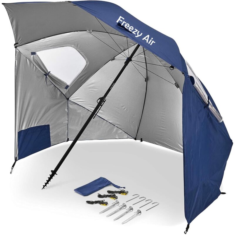 Umbrela de Plaja Freezy Air® SunShield, Protectie UV UPF 50+, Diametru 2.4m, Insurubare Nisip, Stalp Aluminiu, Material 420g Oxford Aluminizat, Albastru