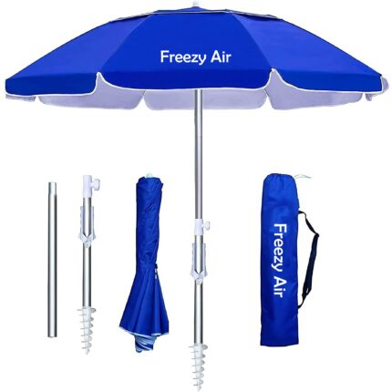 Umbrela de Plaja Freezy Air® AquaShade, Protectie UV UPF 50+, Diametru 2m, Insurubare Nisip, Stalp Aluminiu, Mecanism Inclinare, Material 420g Oxford Aluminizat, Albastru