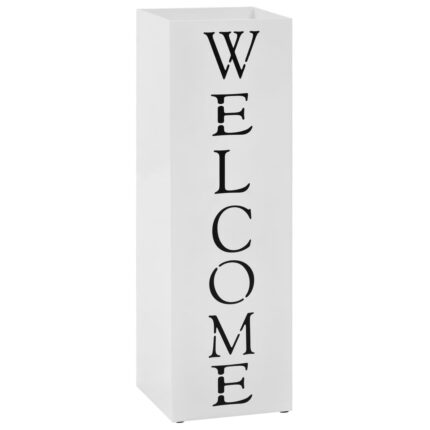 Suport patrat pentru umbrele si bastoane, vidaXL, Model welcome, Otel, 15,5 x 15,5 x 48,5 cm, Alb