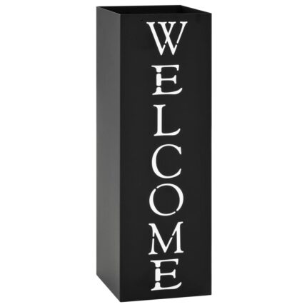 Suport patrat pentru umbrele si bastoane, vidaXL, Model welcome, Otel, 15,5 x 15,5 x 48,5 cm, Negru