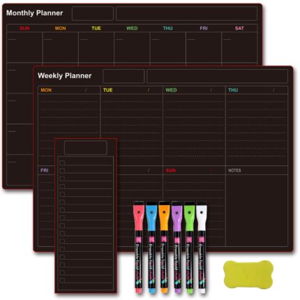 Set Tabla magnetica de frigider, JENUOS®, 6 markere, burete, usor de curatat, spate magnetic puternic, Stickers memo message, planificator de saptamana, 42 x 30 cm, Negru