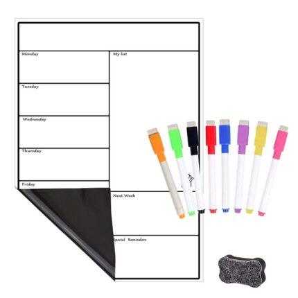 Set tabla magnetica de frigider, Stickers Memo Message, Planificator de saptamana, 29.7 x 42 cm, 8 markere, burete, Alb