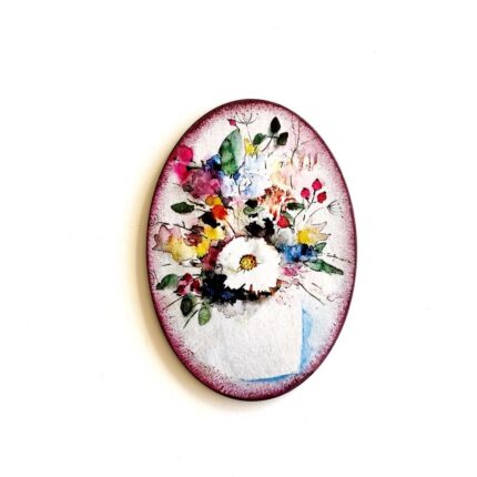 Magnet frigider oval din mdf, 10 x 7 cm, decorat manual, model floral multicolor