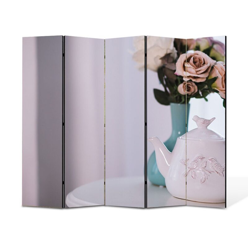 Paravan 5 piese Premium TrueColor, Art Star, Flori si ceai, Culinar, Panza pe cadru de lemn, Decoratiuni Moderne pentru Casa, 5 Panouri de 45x180, 225 x 180 cm