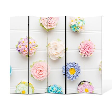 Paravan 5 piese Premium TrueColor, Art Star, Briose cu motive florale, Culinar, Panza pe cadru de lemn, Decoratiuni Moderne pentru Casa, 5 Panouri de 45x180, 225 x 180 cm