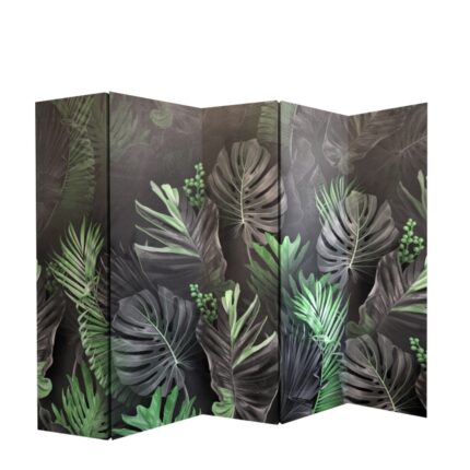 Paravan, Colors of Life, Lemn/Textil, Model Frunze, 225 x 172 cm, 5 piese, Verde/Gri