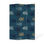 Paravan 3 piese Premium Heartwork TrueColor Pesti geometrici pe fundal albastru marin, Panza pe cadru de lemn, Decoratiuni Moderne pentru Casa, 3 x 45 x 180 cm, 135 x 180 cm