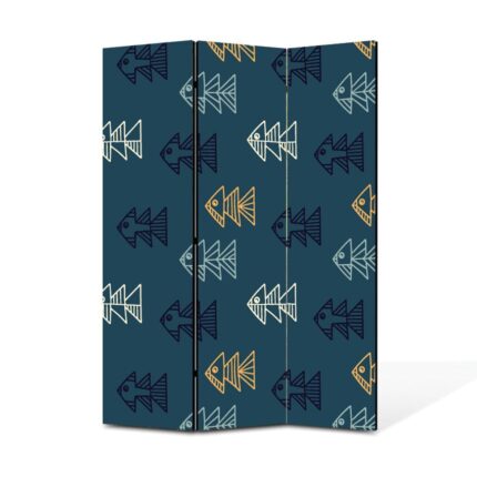 Paravan 3 piese Premium Heartwork TrueColor Pesti geometrici pe fundal albastru marin, Panza pe cadru de lemn, Decoratiuni Moderne pentru Casa, 3 x 45 x 180 cm, 135 x 180 cm