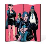 Paravan 4 piese Premium TrueColor, Art Star, Gorillaz pe fundal roz, Animatii, Panza pe cadru de lemn, Decoratiuni Moderne pentru Casa, 4 Panouri de 35x150, 140 x 150 cm