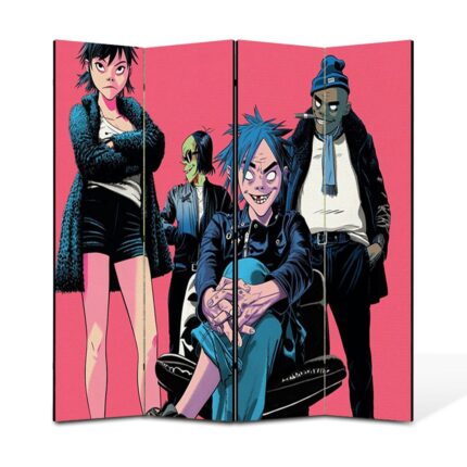 Paravan 4 piese Premium TrueColor, Art Star, Gorillaz pe fundal roz, Animatii, Panza pe cadru de lemn, Decoratiuni Moderne pentru Casa, 4 Panouri de 35x150, 140 x 150 cm