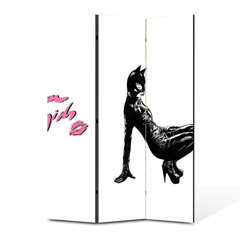 Paravan 3 piese Premium TrueColor, Art Star, Catwoman pe fundal alb, Animatii, Panza pe cadru de lemn, Decoratiuni Moderne pentru Casa, 3 Panouri de 35x150, 105 x 150 cm