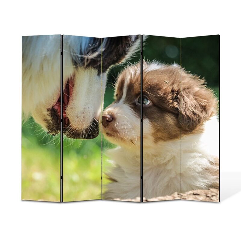 Paravan 5 piese Premium TrueColor, Art Star, Pui de catel si mama lui in natura, Animale, Panza pe cadru de lemn, Decoratiuni Moderne pentru Casa, 5 Panouri de 45x180, 225 x 180 cm