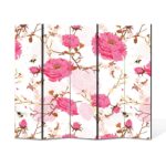 Paravan 5 piese Premium Heartwork TrueColor Flori roz pe fundal roz deschis, Panza pe cadru de lemn, Decoratiuni Moderne pentru Casa, 5 x 35 x 150 cm, 175 x 150 cm