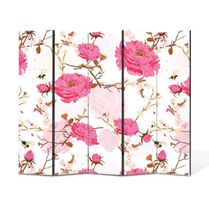 Paravan 5 piese Premium Heartwork TrueColor Flori roz pe fundal roz deschis, Panza pe cadru de lemn, Decoratiuni Moderne pentru Casa, 5 x 35 x 150 cm, 175 x 150 cm