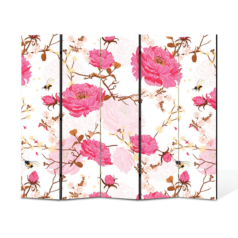 res_dcd9823b37401235729bb5de354d47c7 Paravan 5 piese Premium Heartwork TrueColor Flori roz pe fundal roz deschis, Panza pe cadru de lemn, Decoratiuni Moderne pentru Casa, 5 x 35 x 150 cm, 175 x 150 cm