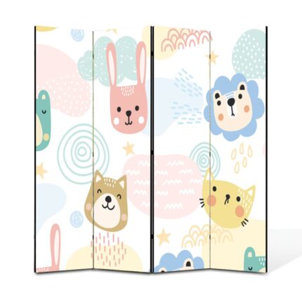 Paravan 4 piese Premium Heartwork TrueColor Animalute desenate pentru copii, Panza pe cadru de lemn, Decoratiuni Moderne pentru Casa, 4 x 35 x 180 cm, 140 x 180 cm