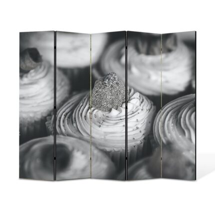 Paravan 5 piese Premium TrueColor, Art Star, Briose alb negru cu jeleu, Culinar, Panza pe cadru de lemn, Decoratiuni Moderne pentru Casa, 5 Panouri de 45x150, 225 x 150 cm