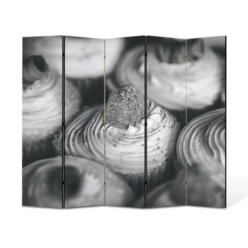 Paravan 5 piese Premium TrueColor, Art Star, Briose alb negru cu jeleu, Culinar, Panza pe cadru de lemn, Decoratiuni Moderne pentru Casa, 5 Panouri de 45x150, 225 x 150 cm