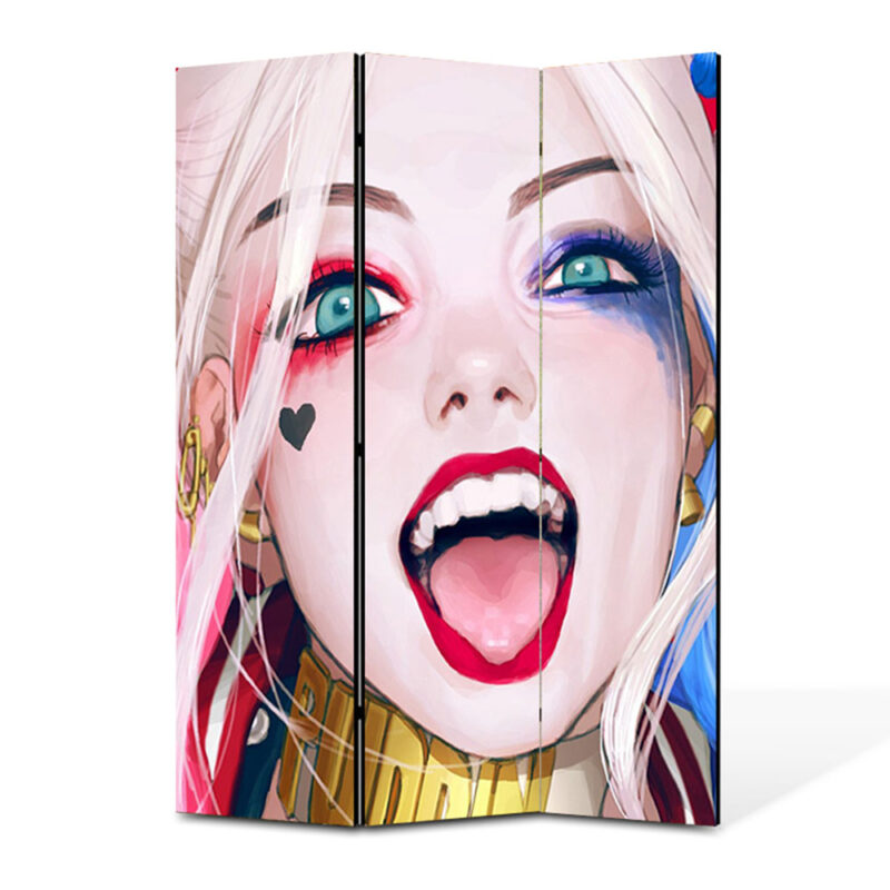 Paravan 3 piese Premium TrueColor, Art Star, Harley Quinn si inimioara de pe fata, Animatii, Panza pe cadru de lemn, Decoratiuni Moderne pentru Casa, 3 Panouri de 45x150, 135 x 150 cm